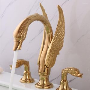 Bathroom Sink Faucets Double-Handle Three-Hole Split Basin Faucet And Cold Copper Gold Washbasin Counter Tap Three-Piece Set