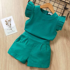 Roupas conjuntos de roupas infantil cenas de roupas de verão Marca de roupas para meninas roupas de manga curta vestido de tshirtpant 2pcs roupas de roupa infantil 230417