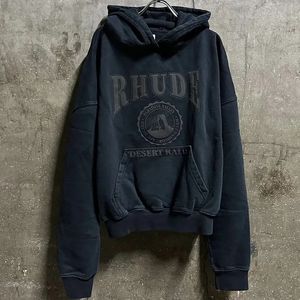 Erkeklerin hoodies sweatshirts rhude vintage wash eski baskılı high cadde 1 spor kapüşonlu gri siyah s xl 231117