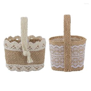 Enrole de presente, cesta de armazenamento de bolsas de linho pequeno para crianças Balloween Party Candy Candy Cased Wedding Lace Burlap flor