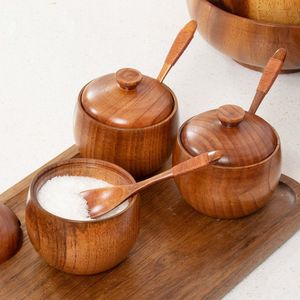 Herb Spice Tools Wooden Salt Cellar Sugar Bowl Pepper Box Salt Seasoning Container Storage Box with Lid and Spoon Wooden Spice Box spice jars 230417