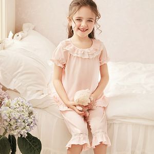 Пижамы, 2 цвета, летний детский хлопковый кружевной пижамный комплект в стиле Лолиты для девочек. Пижамный комплект с короткими рукавами для малышей, милая одежда для сна. Детская одежда 231117