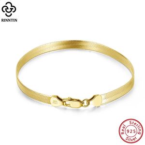 Bracciale Rinntin placcato oro 18 carati argento sterling 925 italiano 4,5 mm braccialetto flessibile a catena a spina di pesce piatto per donna uomo gioielli SB107 231116