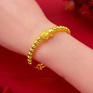 Bangle Real 100% 24K Gold Color Lucky Pixiu Beads Bracelets for Women Bridal Men Jewelry Link Chain Bracelets Bridal Wedding Jewelry 231116