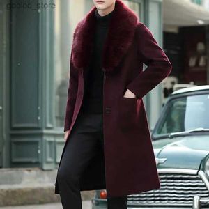 Men's Trench Coats 5XL Large Size Luxury Big Fur Claret Overcoats Mens Black Long Trench Coats For Mens Vintage Winter Coats Burgundy Warm Grey New Q231118