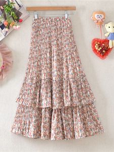 Skirts TIGENA Floral Print Chiffon Midi Long Skirt Women Summer Cute Tiered A Line High Waist Pleated Mid-length Skirt Female Lady 230417