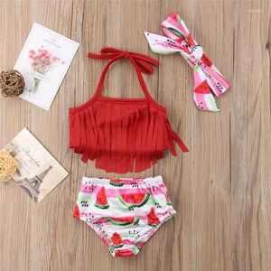 Kvinnors badkläder småbarn Kid Baby Girls Tassel Bikini Set Fruit Baddräkt Baddräkt Vattenmelon - Röd