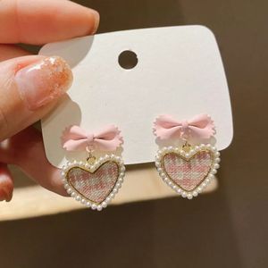 Stud Cute Korean Hanging Love Grid Pearl Heart Earrings For Women Girls Trendy Party Jewelry Fashion Bowknot Gifts 231116