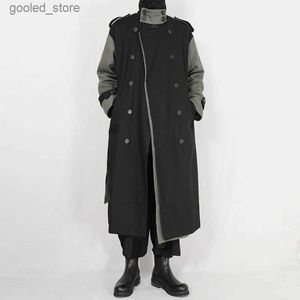 Men's Trench Coats Original men's windbreaker long jacket dark loose niche lace up coat lapel double breasted men's jacket trend Q231118