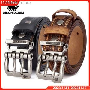 Belts 2023 BISON DENIM Men Belts Cow Split Genuine Leather Pin Buckle Business Waist Strs Retro Pin Buckle Fancy Male Belt For JeansL231117