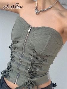 Women's Tanks Camis Artsu Zip Up Corset Top y2k Chic Bandage Bodycon Bustier Crop Fairycore Grunge Vest Harajuku Vintage 230417