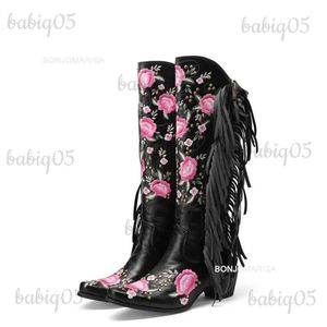 Botas Bonjomarisa Botas de Cowboy para Mulheres Fringe Bordado Flor Doce Botas Ocidentais Cowgirls Bloco Romano Sapatos de Salto Alto Outono T231117