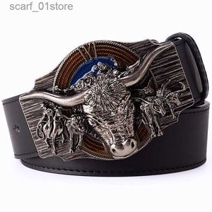 Belts Skull Bull Ox Horn Men Leather Belt Cow Head Skeleton Western Cowboy Style Decoration Women Jeans WaistbandL231117