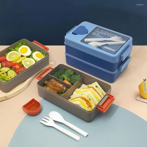 Servis uppsättningar 2000 ml lunchlåda med gaffel skedsås bestickhållare dubbelskiktskolelever Bento behållare