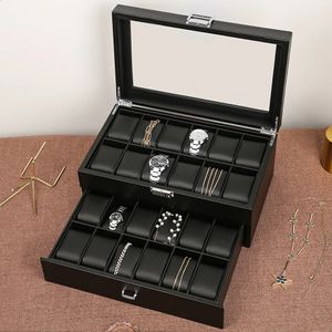 Watch Boxes Cases Men Watch Box Organizer Storage Luxury Wood Case Wooden Black Display Box Square Glass Cabinet Double Layer 24 Slots Boxes Man 231116