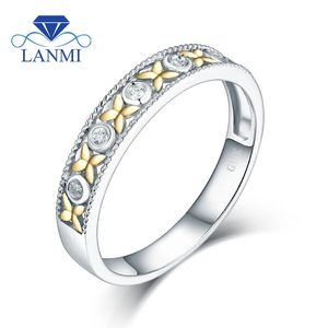 Anéis de casamento Lanmi Loving VS Diamond Flower Anel Real 14K Dois Tons de Ouro para Casal Aniversário Fine Jewelry Party Presente Atacado 231117