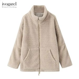 Women's Wool Blends Ivogarel Soft Teddy Fleece Jacket Women's Loose-Fit Casual Warm Jacket Coat Winter Outerwear Wide Sleeves Two-Way Zipper 231116