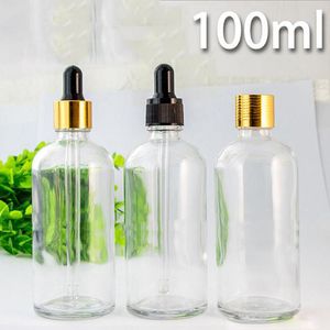 Garrafas de soro de face redonda de cosméticos vazios 100 ml de petróleo de vidro de vidro essencial com tampa de ouro de ouro prateado preto