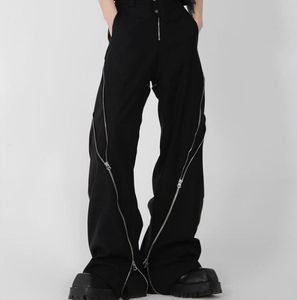 Новые мужские брюки, мужские черные брюки с застежкой-молнией, дизайн с разрезом, слегка расклешенные, вертикальные, прямые, повседневные брюки Y2K