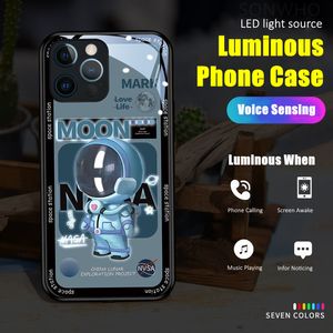 Astronaut LED Glowing Luminous Phone Case For iPhone 14 12 13 Pro Max XS XR Tempered Glass Surface Back Cover Fashion Cool Voice Sensing Light Accessories for Party