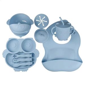 Cups Dishes Utensils 12PCS Baby Dining Plate Infant Cartoon Owl Tableware Children s Food Grade Silicone Divided Sucker Complementary Bowl 231116