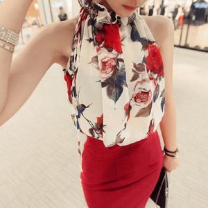 Kvinnors blusar skjortor Floral Chiffon Summer Women's Tunic Blouse Sleeveless Ruffles Collar White Shirt Female Ol Blusas Feminino Blouse Plus Size 230417