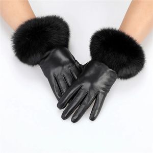 Five Fingers Gloves Arrival Wholesale Women's Real Sheepskin Leather Gloves With Rabbit Fur Cuffs Female Cycling Warm gloves Fleece Lining 231117