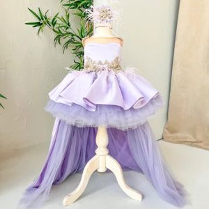 Girl Dresses Cute Lavender Flower Sheer Neck For Wedding Guest Kids Bridesmaid With Lace Appqulies First Communion Dress