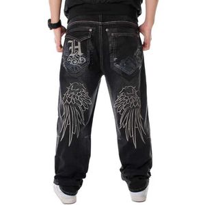 Herr jeans gata dans breda ben baggy jeans män mode broderi svart lös bräde denim byxor manlig rap hip hop jeans plus storlek 30-46 J231116