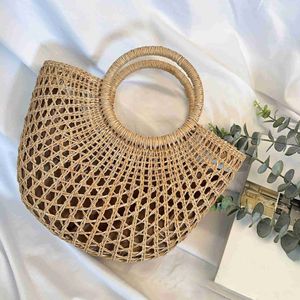 beach Tote Bag Semicircle Straw Bag Hand Woven Rattan Crescent Bag Handbag 230301