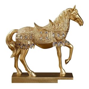 Decorative Objects & Figurines Creative Crafts Resin Decorative Objects Golden War Horse Statue Scpture Modern Office Desk Nordic Home Dhm6A