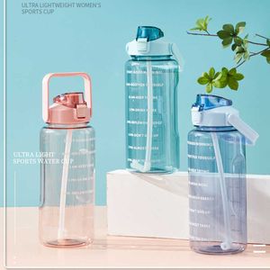 water bottle Large Capacity Water Bottle Straw Cup Gradient Color Plastic Water Cups With Time Marker Outdoor Fitness Sports Bottle Kettle 2L P230324