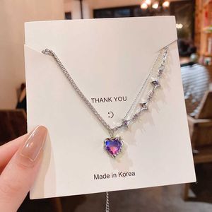 Pendant Necklaces New Fashion Purple Crystal Peach Heart Water Drop Pendant Necklace Girls Cool Clavicle Chain Aesthetic Jewelry Y2k Accessories Z0417