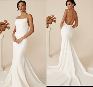 Elegant Simple Bohemian Beach Plus Size Mermaid Wedding Dresses for Bride Spaghetti Straps Pleats Satin Backless Sweep Train Boho Bridal Gowns Custom Made