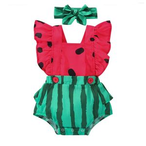 Rompers Born Infant Baby Girls Romper 2 Pcs Outfits Watermelon Print Design Square Neck Sleeve Jumpsuits Headband