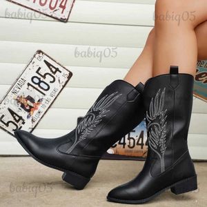 Stiefel Retro Stickerei Western Cowboy Stiefel Frauen Plus Größe Block Heels Mitte Wade Stiefel Frau Slip On Spitze Zehen Cowgirl botas Damen T231117