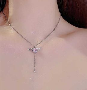 Pendant Necklaces 2022 New Pink Crystal Angel Wings Heart Pendant Necklace For Woman Minimalist Jewelry Girl's Neck Chain Cupid Arrow Z0417