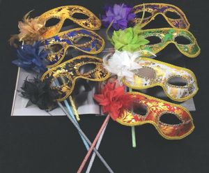 新しいベネチアンマスカレードファンシードレスマスクスティックマルディグラコスチュームアイマスク印刷ハロウィーンハンドハンドスティックマスクお祝いパーティー2262126