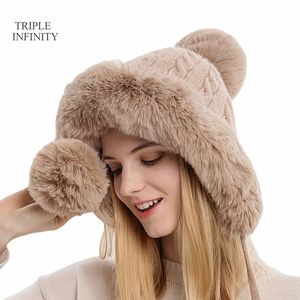 Beanie Skull Caps 2023 Female Winter Hat Add Fluff Lined Windproof Warm Beanies With Cute Hairballs Outdoor Ear Protection Luxury Hats For Women 231117