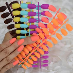 False Nails 10 Sets Carnival Style Neon Fake Matte Orange Yellow Purple Bright Color Solid Sculpted Coffin Kit 240pcs/lot