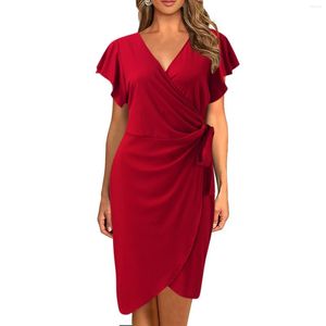 Casual Dresses Women V Neck Dress Ruffle Sleeve Cocktail Party Work Wrap aftonklänningar Formella bröllop Sexig Slim Midi