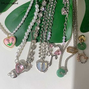 Pendant Necklaces Irregular Blue Love Rhinestones Pink Love Tulip Pendant Necklace Green Stone Metal Chain Y2K Jewelry Gifts HUANZHI 2022 NEW Z0417