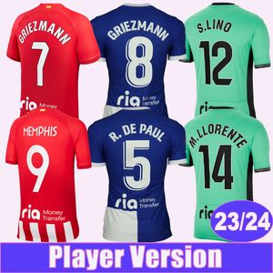 2023 24 Koke Player Version koszulki piłkarskie Griezmann Memphis Correa Molina Reinildo R.De Paul Home Red and White Away Away Away Bads Football Mundurs