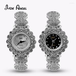 Wristwatches Jade Angel 925 Sterling Silver Round Flower Design Wristwatch Vintage Marcasite Watch Bracelet For Women Luxury Jewelry Gift