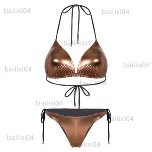 Women's Swimwear Lady's Bikini Womens Metallic Shiny Swimsuit Set Lace-up Bathing Suit Summer Swimsuit Swimwear Halter Bra with Low Rise Thong T230417