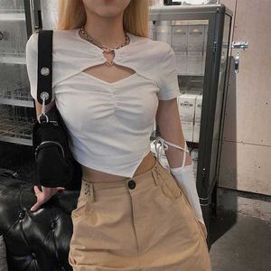 Women s T Shirt High Street Short Sleeve T shirt Women Harajuku Summer Hollow Out Slim Design Ins Korean Style Above Navel Cropped Top All match 230417