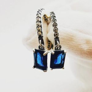 Authentic 925 sterling silver Pandora Blue Rectangular Sparkling Hoop Earrings Murano lampwork Reflexions Birthstone for Earrings Studs Jewelry 292381C01