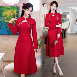 Etnik Giyim Çin tarzı Qipao Modern Asya Elbise Kadınlar İçin Uzun Kollu Cheongsam Akşam Giyim Yüksek Dişli Yıl Cny