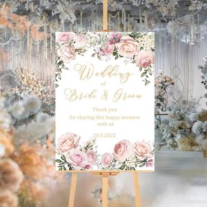 Decorazione per feste 1° anniversario di matrimonio Cartello di benvenuto Porta d'ingresso Acquerello Rosa chiaro Fiore Stampa Testo personalizzato Grandi adesivi