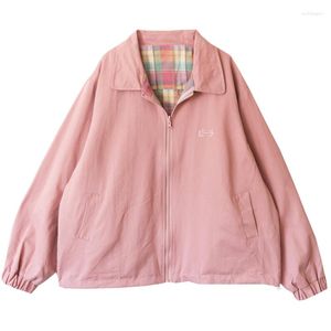 Women's Jackets Casual Preppy Style Spring Design Sweet Cute Women Pink Outwear Coats Plaid Peach Embroidery Ladies Basic Jacket